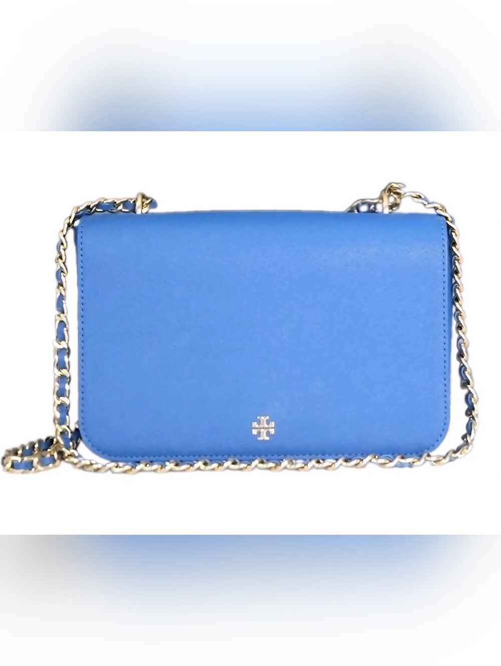 Tory Burch Blue Leather Small Crossbody Bag Shoulder Purse Gold Chain Strap